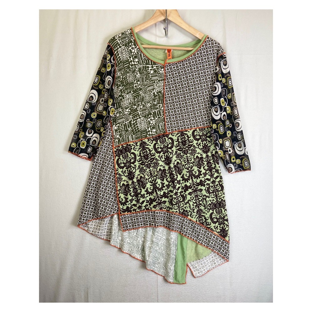 Anya SF Mixed Media Tunic Top Mini Dress Sheer Sleeve Asymmetrical  Womens M/L?